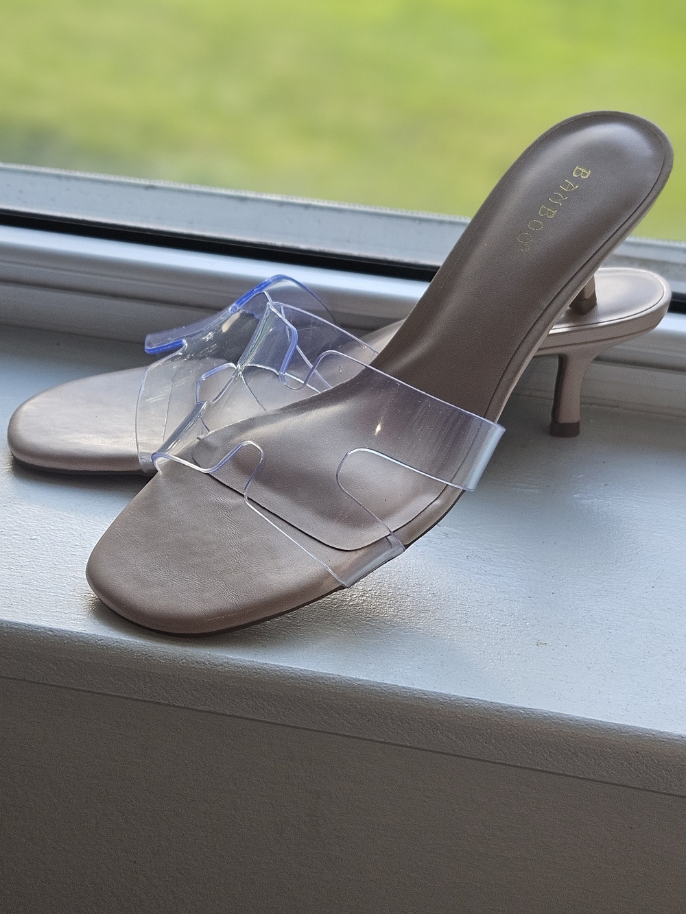 BAMBOO Clear Strap Slide Heels in Taupe